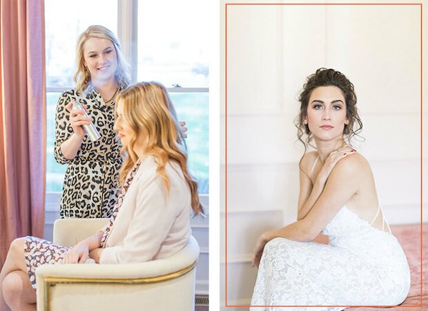 hairstylist sprays hairspray and women with soft tousled locks