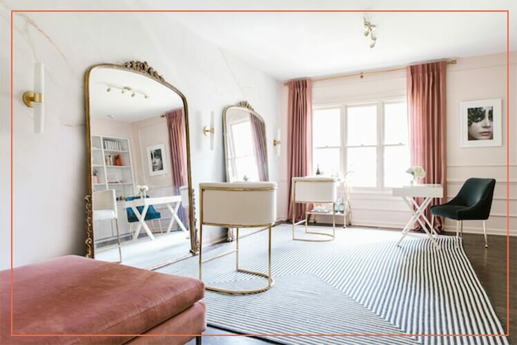 Gorgeous Studio with Gold Chairs and Floor Length Gold Mirror, Pink Curtains and Marble Wall